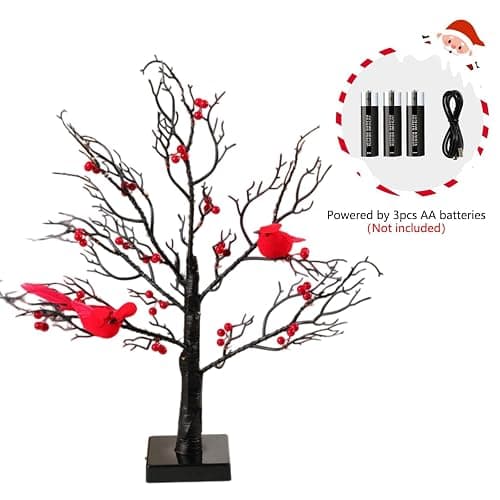 Vintage Glowing Tree with Cardinals and Berries, LED Cardinal Tree Lamp, Indoor Christmas Decorations with Lighted Branches, Vintage Christmas Decor for Home thumbnail 5