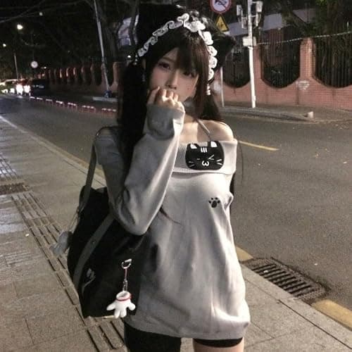 GOTHPICKUS Women Y2K Off Shoulder Strap T-Shirts Cute Graphic Casual Long Sleeves Tops Kawaii Ribbing Trendy Outfits thumbnail 2