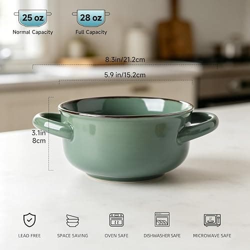 MONITO Ceramic Salad Bowl with Handles, 28 oz French Onion Soup Bowls, Ceramic Soup Bowls for Cereal, Pasta, Chilli, Beef Stew, Stackable Serving Bowl Set of 4 (28 OZ) | Ceramic Soup Bowls with Handles for Cereal,Pasta,Chilli,Beef Stew,Stackable Serving Bowl Set of 4 thumbnail 3