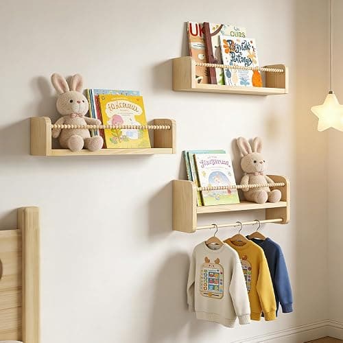 Nursery Shelves, ADDLIVE Floating Book Shelves, 40cm Kids Bookshelf, Wall Mounted Bookshelves Set of 3, Nursery Decor, Book Shelves for Wall With Hanging Rail for Kids Room, Bedroom, Bathroom and More thumbnail 6