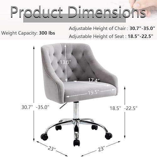 MOJAY Velvet Office Swivel Vanity Chair, Fabric Desk Pretty Fancy Gold Office Chair for Girls, 360°Swivel Height Adjustable Reception Chair (Grey) - Grey thumbnail 3