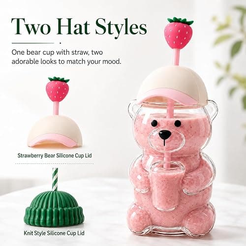 SummerWins Glass Bear Cup With Straw, Leak Lid & 2 Hats for Coffee & Shakes | Cute Bear Cup With Straw, 20 oz Clear Glass Cup With Secure Lid & 2 Replaceable Hats for Gifts, Parties & Daily Use thumbnail 4