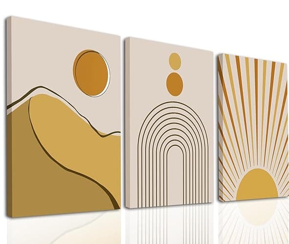 Yellow Boho Decor Boho Wall Art Set of 3, Lines, Mountains, Sun Minimalist Boho Wall Decor Yellow Wall Decor Framed Art Wall Decor for Living Room, Bedroom, Bathroom, Office - (12x16inch) - Framed Boho 04 - 12"x16"