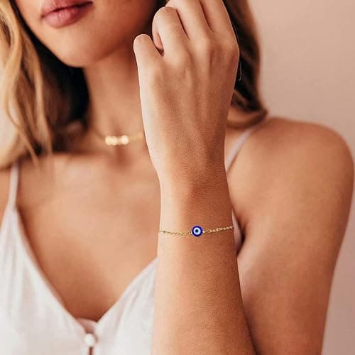 Dainty Evil Eye Bracelets for Women, Gold Plated Adjustable Evil Eye Lucky Amulet Chain Bracelet Jewelry Gifts thumbnail 4