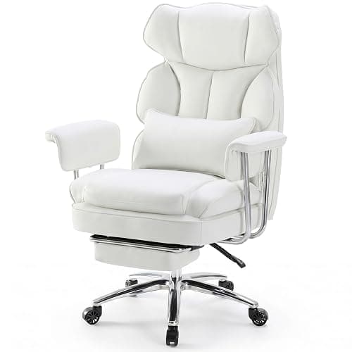 OLIXIS Home Office Desk Chair Comfy with Foot Rest, PU Leather Ergonomic Big and Tall High Back Support, 360° Swivel Wheels, Armrests and Detachable Pillow, Height Adjustable, White thumbnail 3