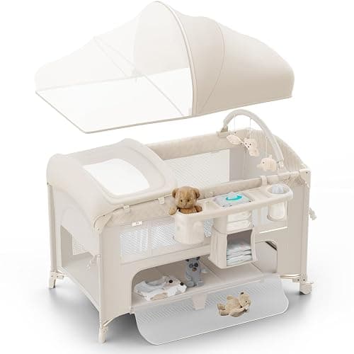 Obee Odee 4 in 1 Baby Bassinet, Pack and Play, Bedside Crib Sleeper, Diaper Changer - Comes with Mattress, Mosquito Net, Bottom Storage and Toy Bar for Newborn to Toddles - Image 1