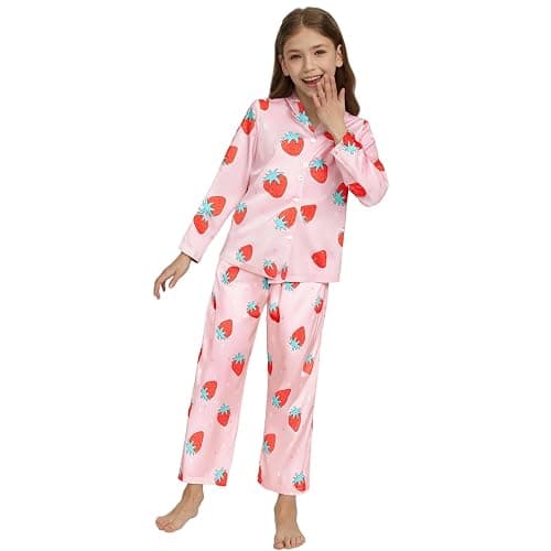 Ewbob Girls Silk Satin Pyjamas Set Short Sleeve Button-Down Kids PJs Breathable Soft Nightwear Children Sleepwear Age 5-14 thumbnail 3