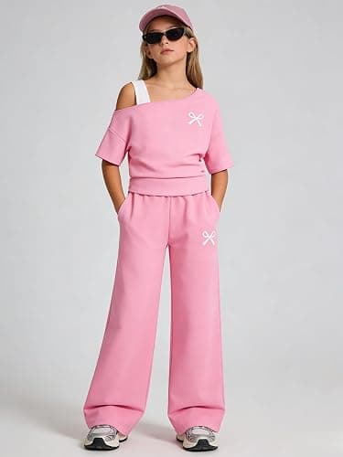 Kxuryueo Teen Girls Clothes Off the Shoulder Top and Wide Leg Pants Matching Outfit Set with Pockets Size 7-16 thumbnail 2