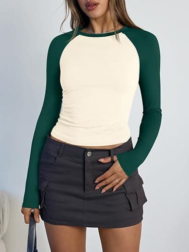 Trendy Queen Women's Long Sleeve Shirts Slim Fit Stretchy Color Block Slightly Cropped Tops thumbnail 3