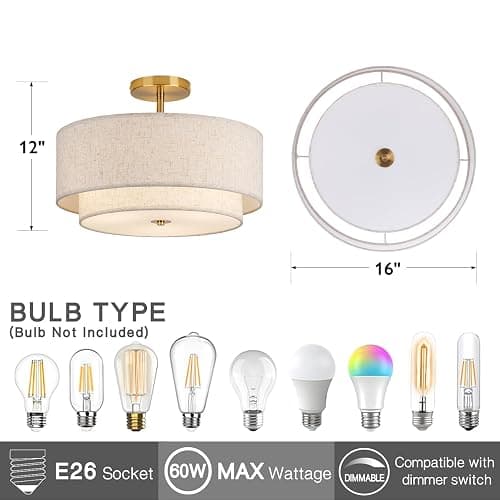 CALOKES 16" Double Drum Gold 3-Light Semi Flush Mount Ceiling Light, Classic Fabric Linen Shade Design for Living Room, Bedroom, Kitchen, Dining Room, Hallway and Entryway thumbnail 2