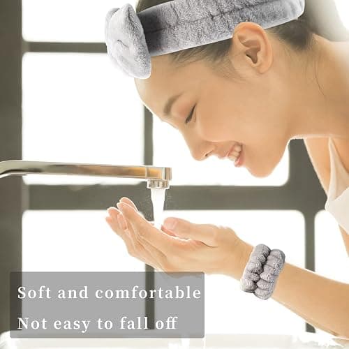 SLNZAPTY 12 PCS Face Wash Headband Wristband Set for Women Girls, Soft Microfiber Facial Spa Hair Wraps Makeup Skincare Bath Headbands Wrist Bands for Washing Face（White, Pink, Gray, Black） - White, Pink, Gray, Black thumbnail 4