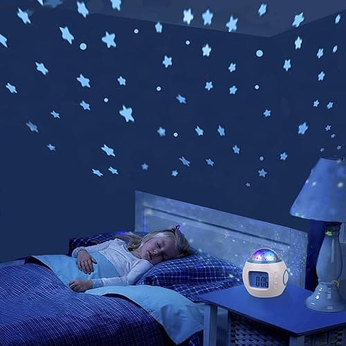 Réveil Enfant Garçons Filles avec Projecteur d'Étoiles Musicale LED Veilleuse Lumière 7 Types de Musique Afficher Date et l'Heure Cadeaux de Anniversaire pour Garçons Filles Bébé - Image 1
