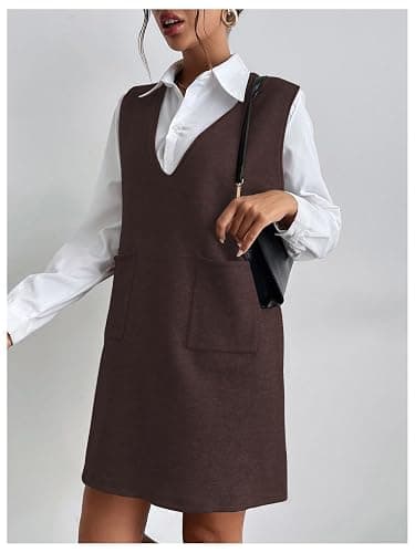 OYOANGLE Women's V Neck Sleeveless Knitted Solid Short Sweater Dress with Pockets thumbnail 5