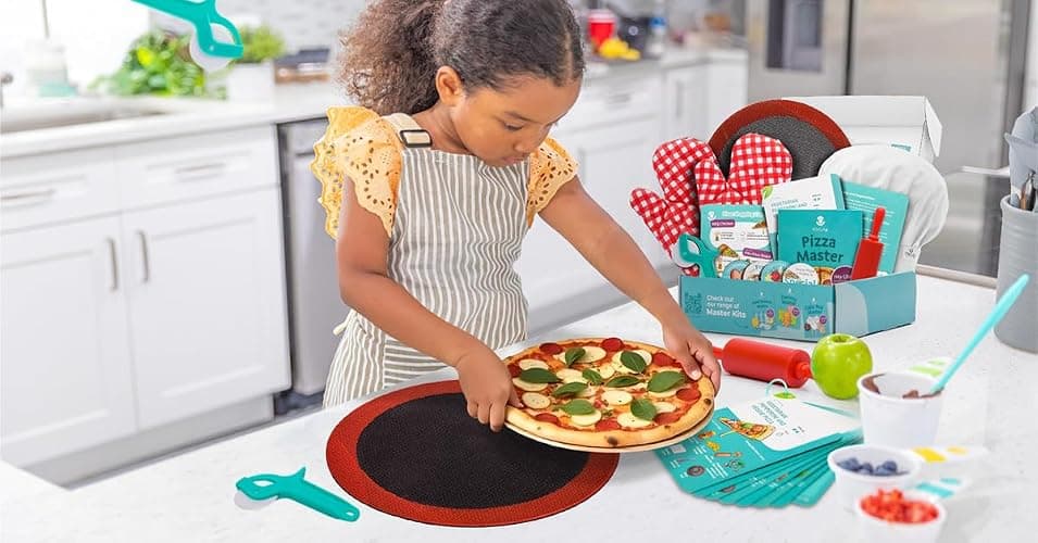 Tovla Jr. Kids Pizza Making Kit | Real Reusable Chef Tools | Ages 5-12 | Silicone Baking Mat Rolling Pin Pizza Cutter | Oven Mitts Chef Hat | 7 Visual Recipe Cards | Family Fun Birthday Gift thumbnail 2