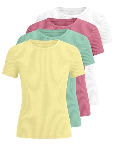 Oakgarden 4 Pack Girls T Shirts 5-14 Years Short Sleeve Ribbed Tops Crew Neck Slim Fit Summer Casual Cute Basic Tees for Kids thumbnail 3