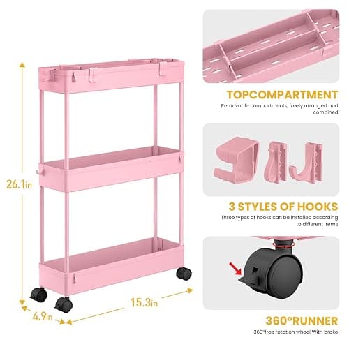 SPACELEAD Slim Storage Cart 3 Tier,Bathroom Organizer Rolling Utility,Mobile Shelving Unit Slide Out for Office, Kitchen, Laundry Room & Narrow Places,Pink - Pink thumbnail 3
