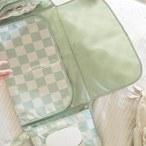 Tiny Twinkle Portable Diaper Changing Pad | Waterproof, Wipeable & Compact Baby Changing Pad for Travel | Smart Wipes Pocket & Organized Storage| Newborn Shower Gift (Sage Checkers) thumbnail 5