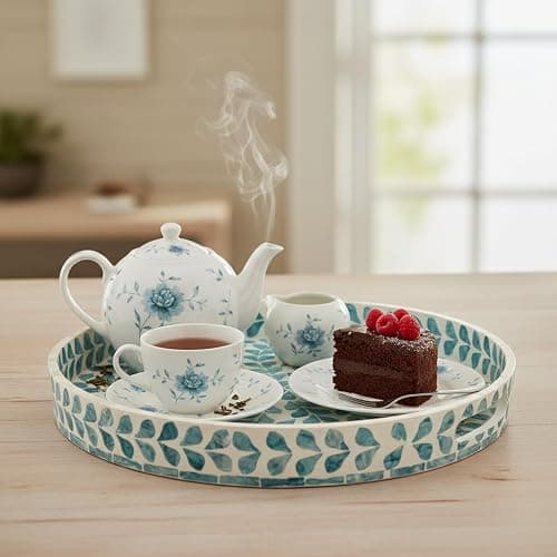 PEMAR 12.6” Mother of Pearl Round Serving Tray with Handles, Decorative Nacred Wooden Ottoman Coffee Table Tray (Teal Floral Pattern) thumbnail 6