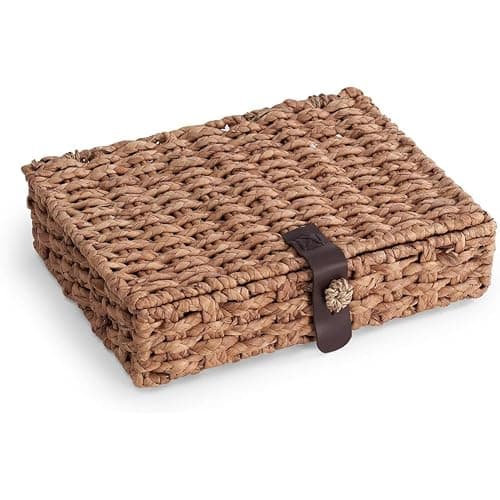 Wooswen Wicker Storage Basket Decorative Box with Lid, Water Hyacinth Woven Design for Shelf& Coffee Table Large - Image 1