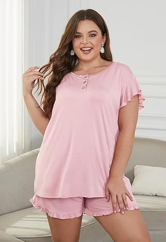 Celkuser Women’s Plus Size 2-Piece Pajama Set with Ruffle Sleeve and Button-Down Top Pockets Soft Elastic Loungewear - 3X-Large Plus - Pink thumbnail 3