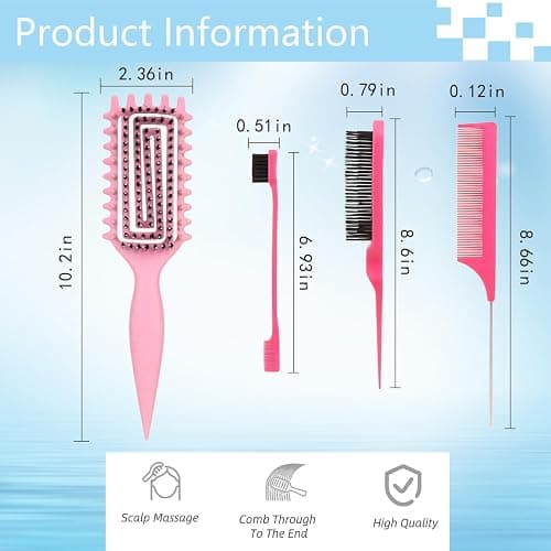 Curly Hair Brush,Curl Defining Brush plus 3 Pieces Hair Styling Comb Set(Slick Back Hair Brush,Rat Tail Comb,Edge Bristle Brush) Lightweight Vented for Combing, Shaping, Styling(Pink) thumbnail 7