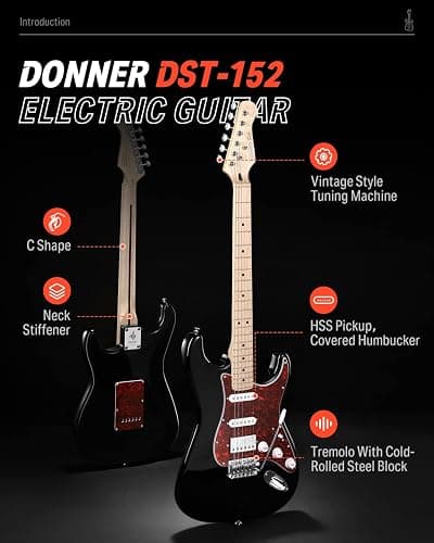 Donner DST-152B Electric Guitar Starter to Intermediate Kit, HSS Coil Split | Amp with Headphone Jack for Silent Practice, 39 Inch Complete Guitarra Electrica Bundle with Online Lesson, Black thumbnail 2
