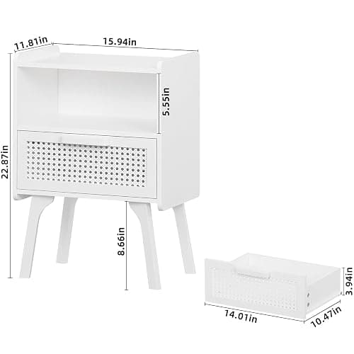 Lerliuo Rattan Nightstand, Side Table with Drawer Open Shelf, Cane Accent Bedside End Table with Solid Wood Legs, Mid Century Modern Night Stand for Bedroom, Dorm and Small Spaces (White) thumbnail 3