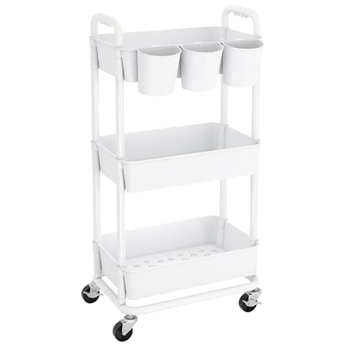 JIUYOTREE 3-Tier Plastic Rolling Storage Cart Utility Cart with Extra Hanging Cups Handles Lockable Wheels for Living Room Bathroom Kitchen Office White - Image 1