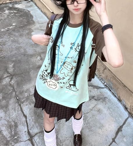 Women's Kawaii Cat Print T-Shirts Cartoon Letter Japan Style Kitten Short Sleeve Cute Print Tops Sweet Girl Y2k Tee Tops thumbnail 5