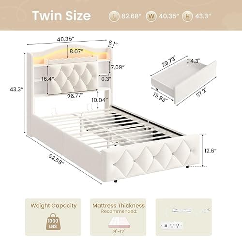 DICTAC Twin Size Bed Frame for Kids with Storage Drawers, Bookcase Headboard, LED Lights and Power Outlets, Diamond Tufted Velvet Upholstered Princess Platform Bed, Heavy-Duty Metal Support, Beige thumbnail 2