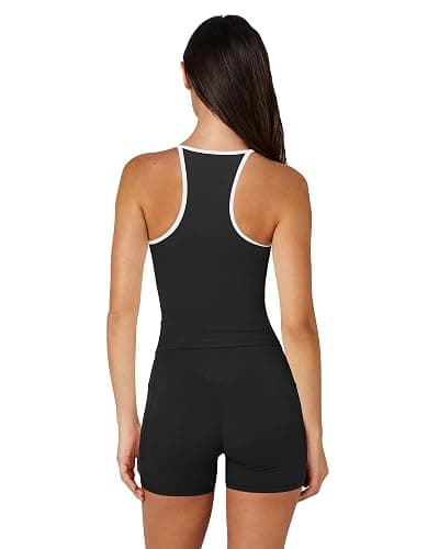 OMKAGI Racerback Workout Tops for Women Built in Bra Cute Open Back V Neck Longline Sports Bra Top thumbnail 4