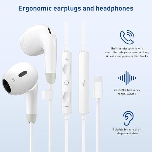 USB C Headphones for iPhone 17 16 15 Pro Max, 2 Pack Wired Earbuds USB C Wired Headphones with Microphone & Remote, Noise Isolating Earphones for iPad Pro/iPad Air, Galaxy S25 S24 S23 Ultra thumbnail 2
