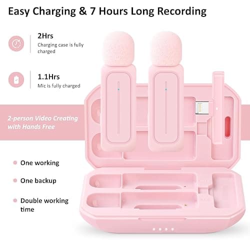 Ecomxia 2 Pack Wireless Lavalier Microphone for iPhone iPad Android with Charging Case - 7H Clip on Lapel Microphone Wireless for Video Recording Vlogging, YouTube, Interview, 3 Mode Denoise (Pink) thumbnail 6