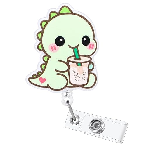 Dino With Iced Coffee Funny Medical Badge Reel | Retractable ID Card Dinosaur Badge Holder | Name Tag Work Badge Clip for RN LPN CNA MA Night Shift Nurse Nursing Student Doctor | Nurse Gifts | Acrylic - Image 1