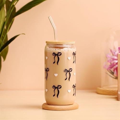 Coquette Black Bow Aesthetic Cup With Gift Box 16oz Glass Cup with Lids Straws and Black Bow Iced Coffee Smoothie Cute Tumbler with Cleaning Brush for Girls Bestfriend Sister Girlfriend, Preppy Stuff thumbnail 2