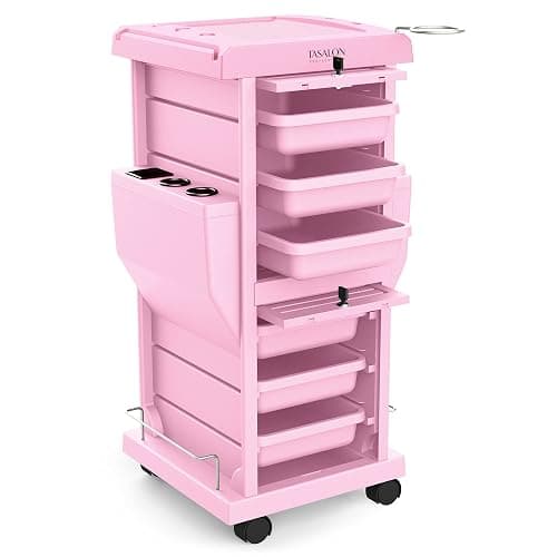 TASALON Professional Salon Trolley Cart, Lockable 6 Trays & 2 Holders, Space Saving Mobile Storage for Hair Salon and Beauty Station​ - Pink - Image 1