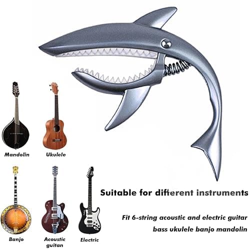 UPELLA Shark Guitar Capo With Velvet Bag, Premium Zinc Alloy Tone Clip Guitar Shark Capo for Acoustic Electric Folk Guitar, Mandolin, Bass, Ukulele (Chrome Silvery) thumbnail 5