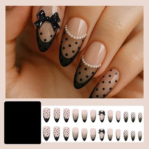 Black French Tip Press on Nails - Elegant Polka Dots with 3D Bow & Pearl Accents, Medium Almond Glossy False Nails, 24PCS Full Cover Manicure Kit thumbnail 2