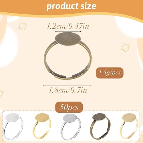 50Pcs Ring Blanks for Jewelry Making Supplies Adjustable Flat Ring Base, 12mm Rings Blanks Jewelry Findings, Silver Gold Rose Gold Black Craft Rings thumbnail 3