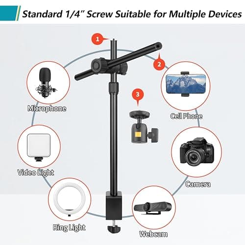 Camera Desk Mount Webcam Stand with Overhead Articulating Magic Boom Arm 1/4" Ball Head for DSLR Tripod, Adjustable Light Stand, Tabletop C Clamp for Ring Light Photo Video Shooting Live Streaming thumbnail 5