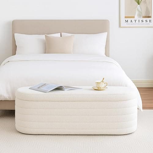 OuchTek Teddy Sherpa Storage Ottoman Bench, Modern Upholstered Window Bench with Safety Hinge Lid, Oval White Ottoman for Living Room, Bedroom End of Bed thumbnail 4
