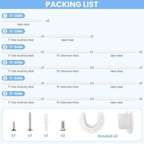 Closet Rods for Hanging Clothes, 17 to 99 Inch Heavy Duty Stepless Adjustable Closet Hanging Rod, 1.3 Inch Diameter Metal Closet Rod for Wardrobes Laundry Bedroom RV, White thumbnail 5