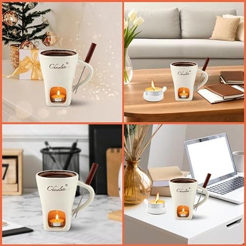 Fondue Pot Cup Set, Ceramic Chocolate Fondue Mug with Forks for Cheese | Mini Fondue Pot Chocolate Melting Cup Without Tealights for Marshmallows, Sweet for Date Night Party Wedding or Holiday Gift thumbnail 4