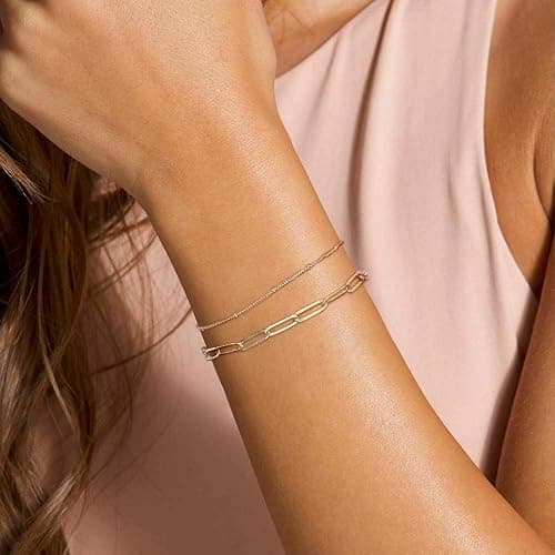 Dainty Gold Bracelets for Women, 14K Gold Plated Adjustable Layered Beads Bracelet Cute Evil Eye Oval Chain Pearl Bar Turtle Gold Bracelets for Women Jewelry thumbnail 2
