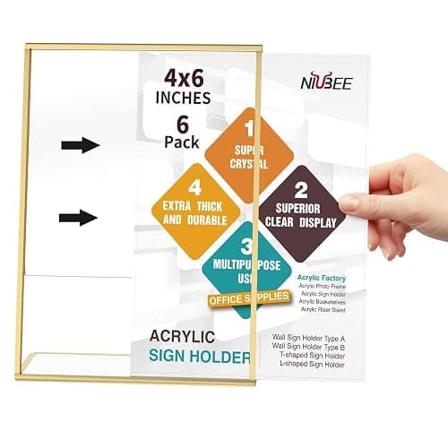 NIUBEE 6 Pack 4 x 6 Acrylic Gold Frame, Slanted Back Table Sign Holder for Wedding Table Numbers, Restaurant Signs | Slant Back, Gold Trim, Display Table Numbers, Photos Signable, For Wedding, Party, Event, Restaurant thumbnail 4