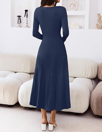 MEROKEETY Women's Sweater Dress 2025 Fall Winter Casual Long Sleeve Square Neck Pleated Church Work Knit Midi Dresses thumbnail 4
