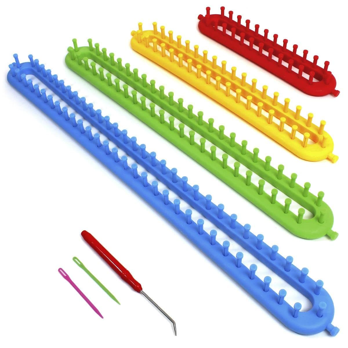 igadgitz home U7217 Long Knitting Loom Set, Long Knitters Loom Kit with Yarn Needle & Pick Hook - Set of 4 - Image 1