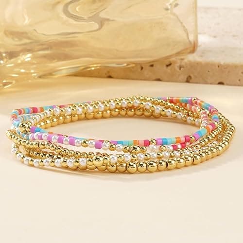 SHINUS BOHO 14K Gold Plated Beaded Bracelets Stack Set for Women,Stretch Boho Ball Jewelry Friendship Trendy thumbnail 3