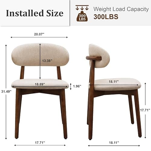 Farmhouse Dining Chairs Set of 4, Mid Century Modern Fabric Upholstered Kitchen Chairs, Wooden Dining Room Chair with Curved Back for Kitchen Dining Room Restaurant Cafe, Light Camel (Only Chairs) thumbnail 2