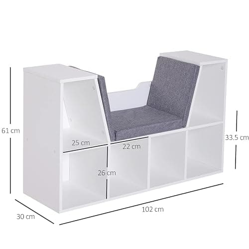 HOMCOM Bookcase Storage Shelf with Cushioned Reading Seat, Cube Bookshelf Organizer for Bedroom Living Room, White - White thumbnail 3